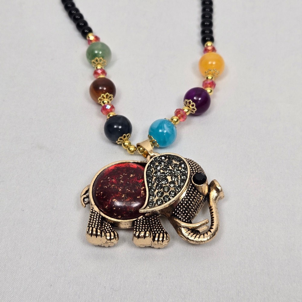 Gold Tone Beaded Elephant Statement Necklace Multi Color Stones Rhinestones